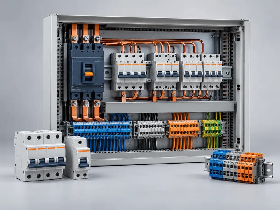 Cuadro de distribución eléctrica con protecciones y bornes