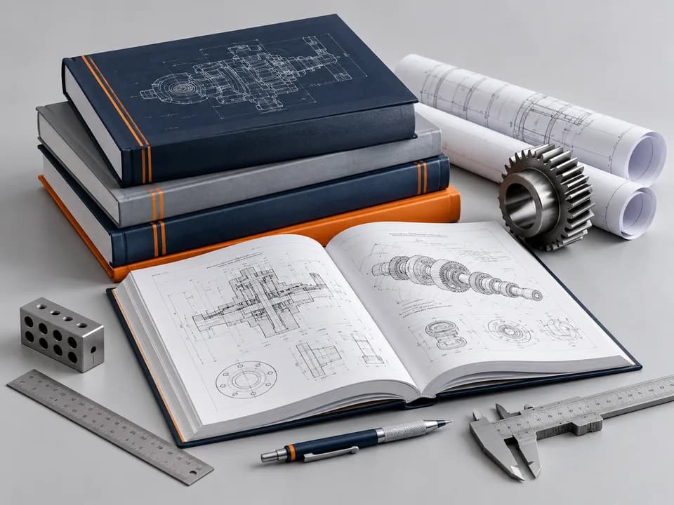 Libros técnicos de ingeniería con planos y herramientas de dibujo