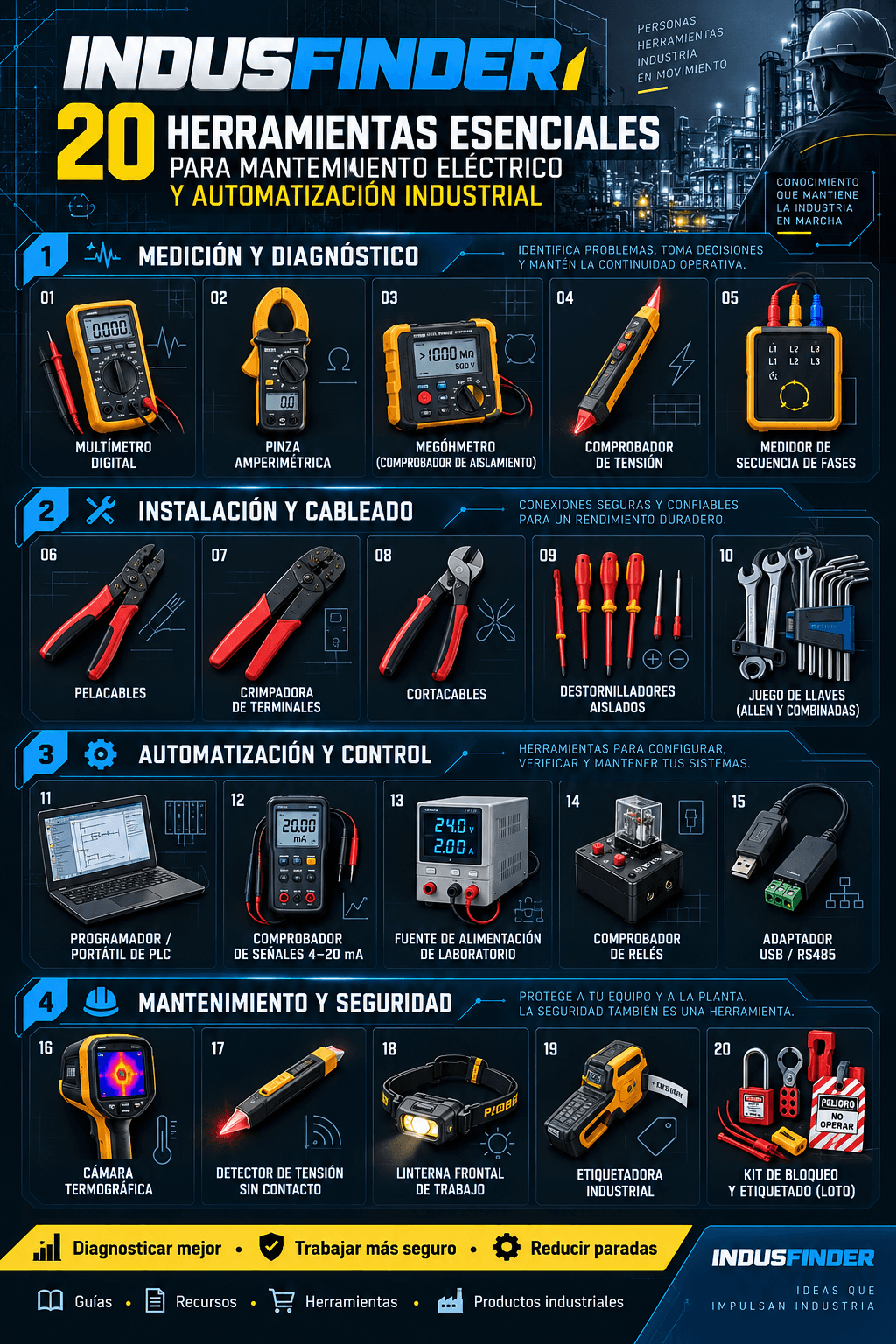 Infografía de veinte herramientas para medición, instalación, automatización y mantenimiento industrial