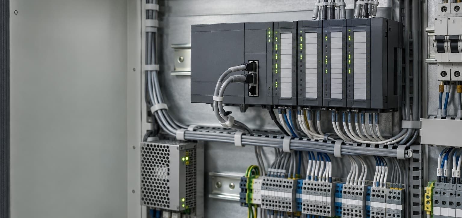PLC modular instalado y cableado dentro de un cuadro de control industrial